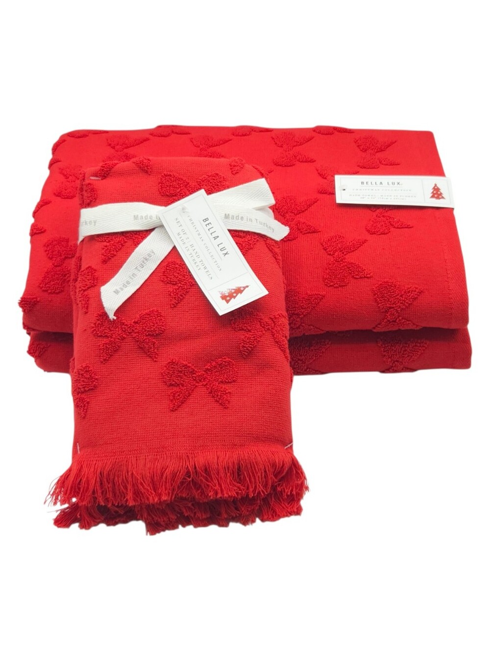 Bella Lux Christmas Collection Red Bows Embossed Turkish Cotton Towel Set Of 4pc